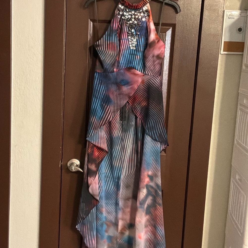 bebe Blue and Pink Halter Tunic with Jeweled Neckline